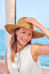 Coolibar Tempe sun hat side profile featuring chin cord on windy days.