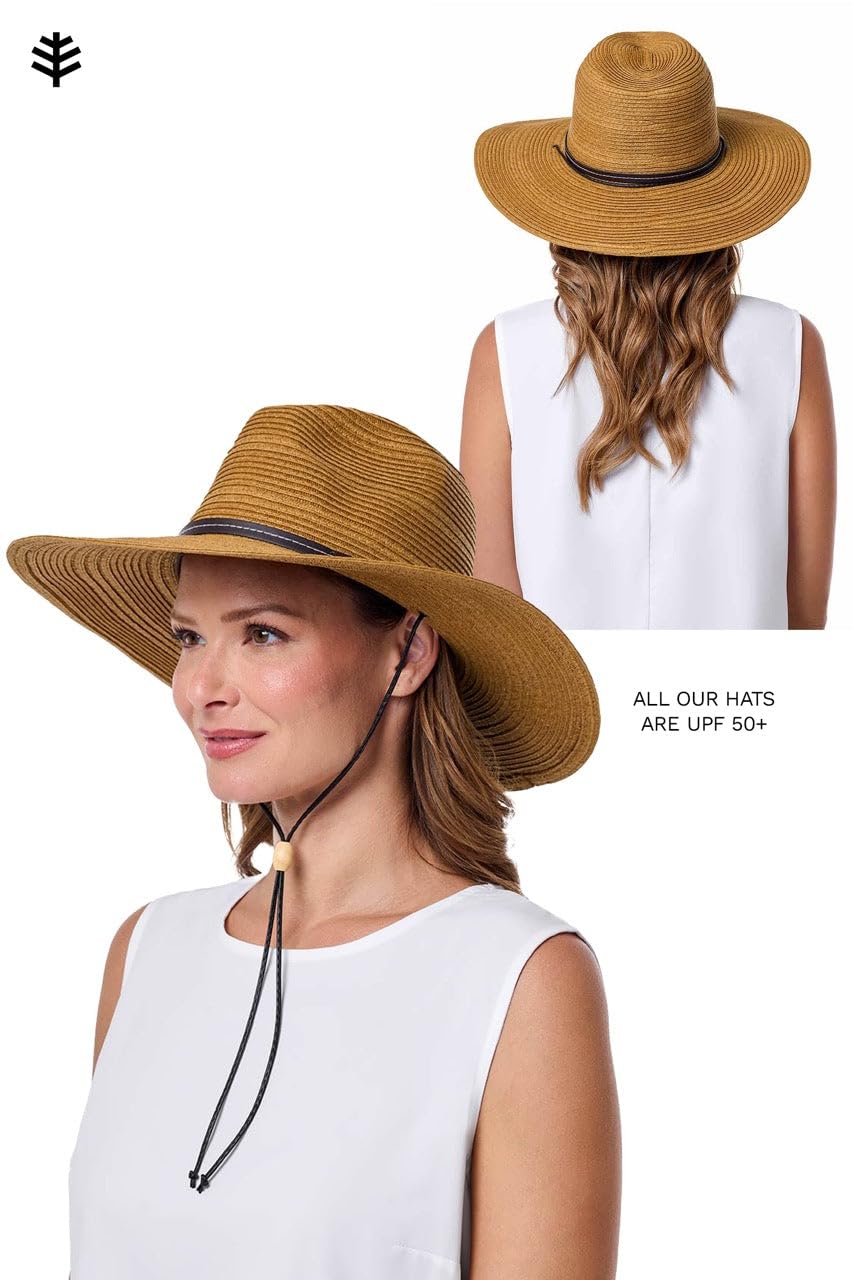 Coolibar Tempe sun hat wind-test image demonstrates secure fit in breeze.