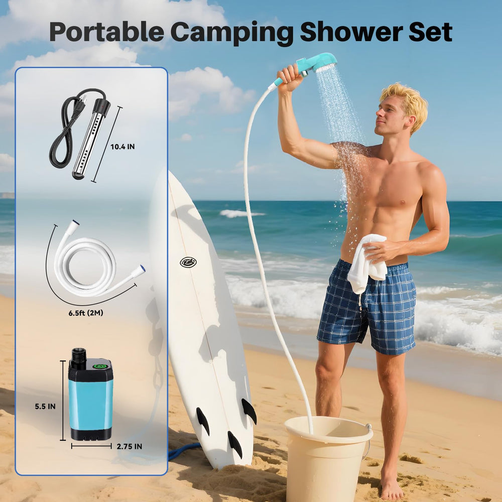 COOLIGO 2000W auto-off immersion heater powers quick warm showers outdoors.