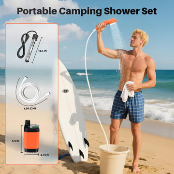 Cooligo portable camping shower LED display close-up shows temperature and battery at a glance.