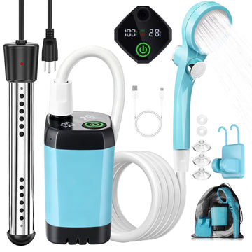 COOLIGO portable camping shower with heater in compact setup for on-the-go showers.