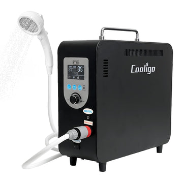 COOLIGO portable propane water heater ready for camping showers
