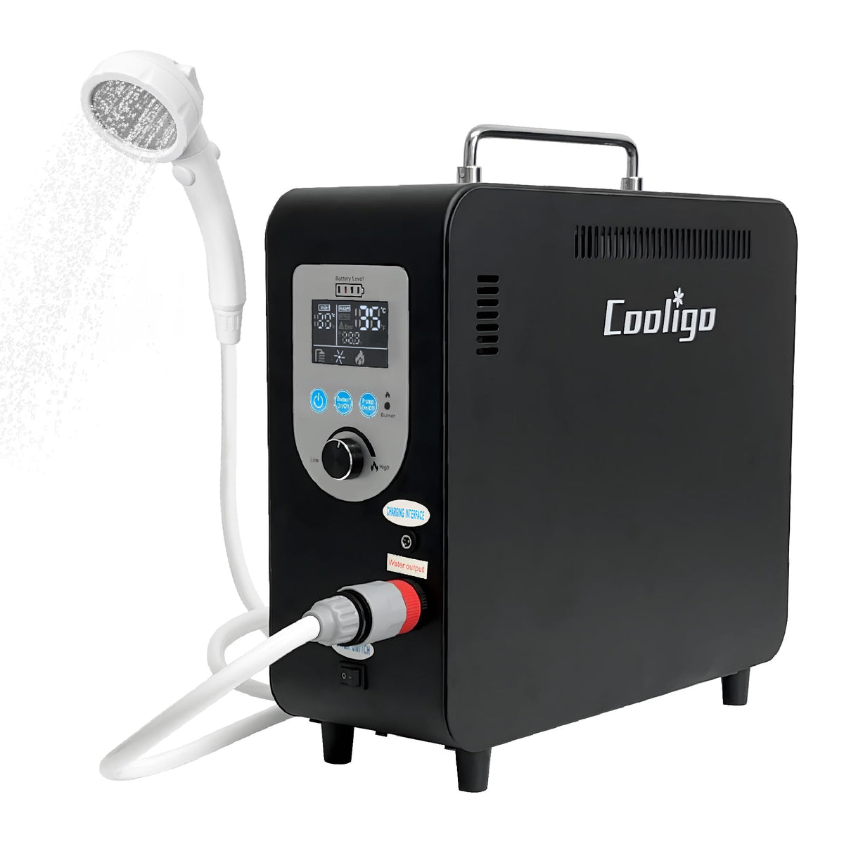 COOLIGO portable propane water heater ready for camping showers