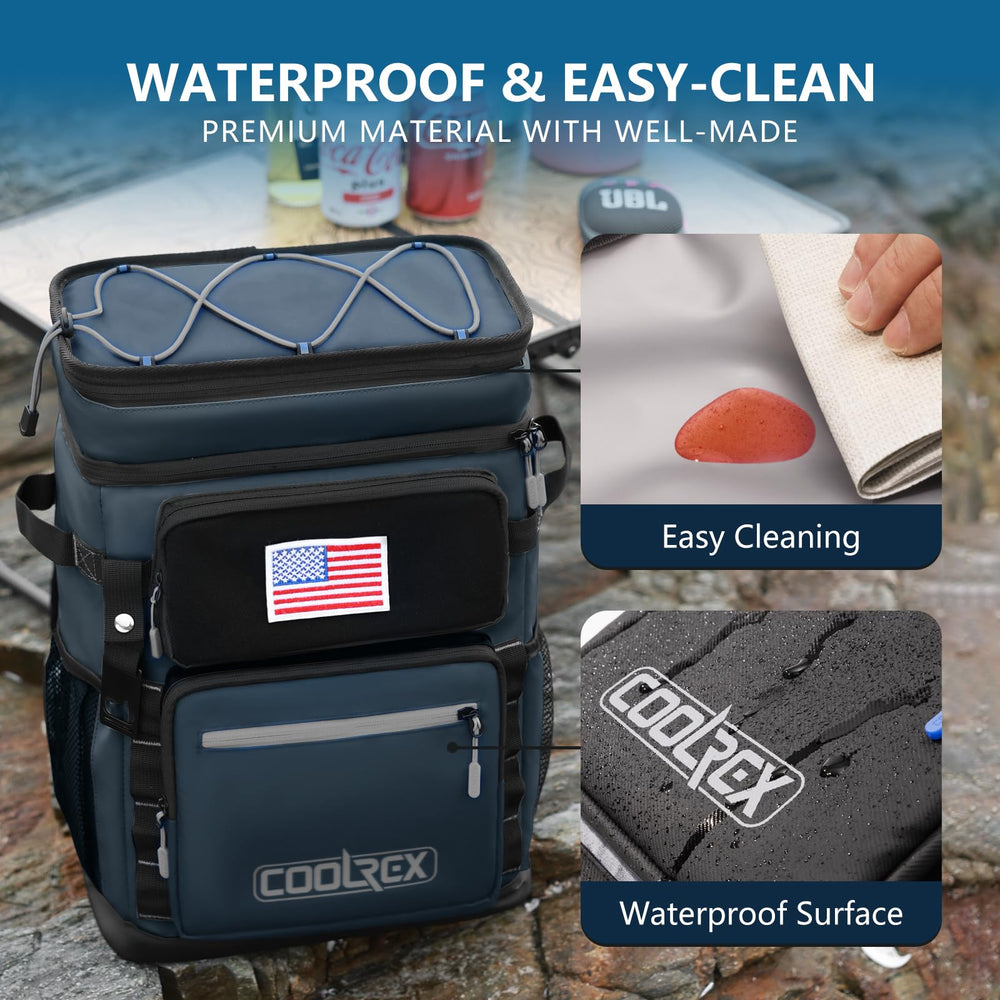 COOLREX Large Backpack Cooler 500D Oxford fabric is scratch-resistant and water-repellent.
