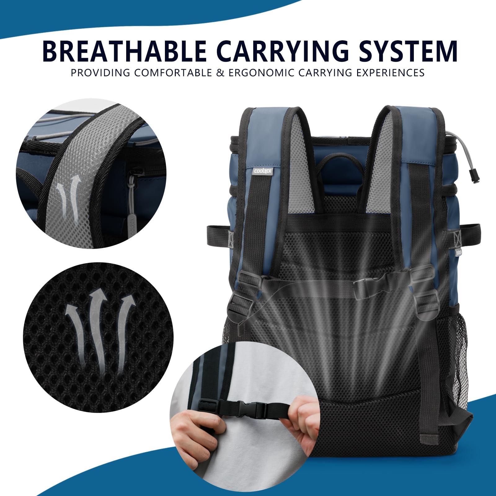 COOLREX Large Backpack Cooler bottom compartment holds drinks for long outings.
