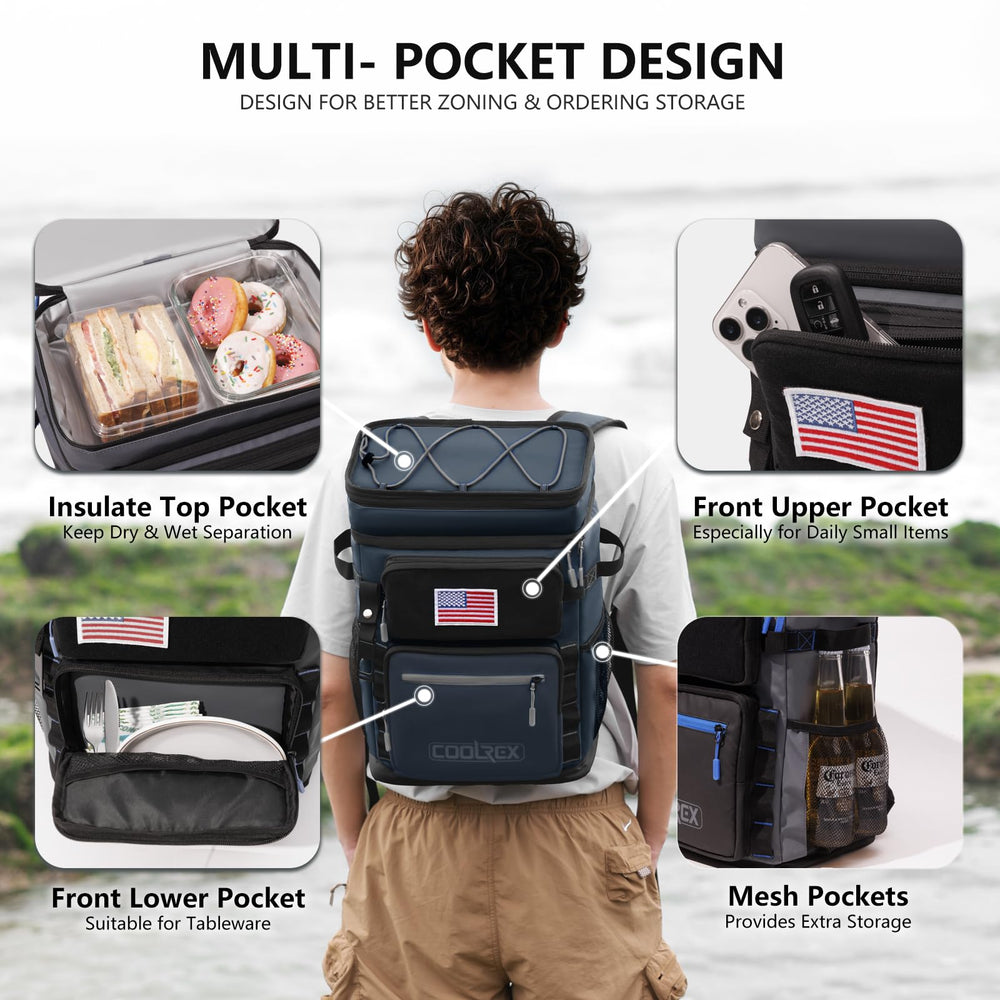 COOLREX Large Backpack Cooler ergonomic straps support comfortable carrying.