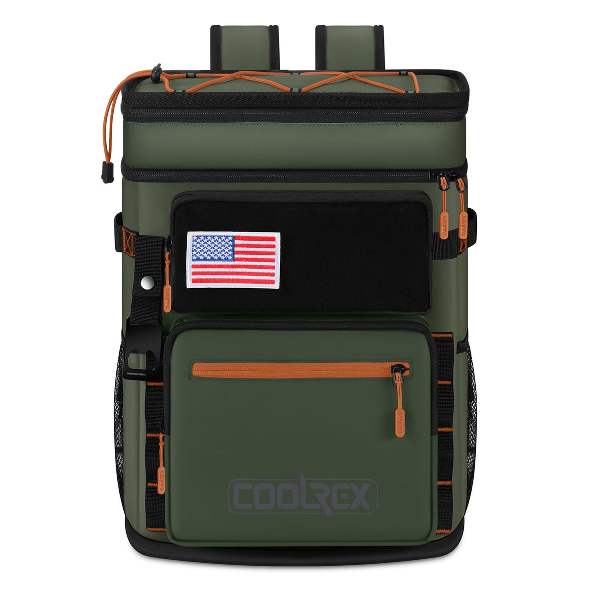 COOLREX Large Backpack Cooler green front view highlights dual insulated compartments for organized cooling