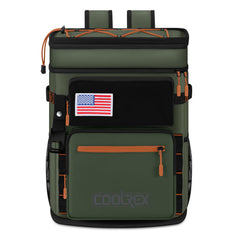 COOLREX Large Backpack Cooler green front view highlights dual insulated compartments for organized cooling