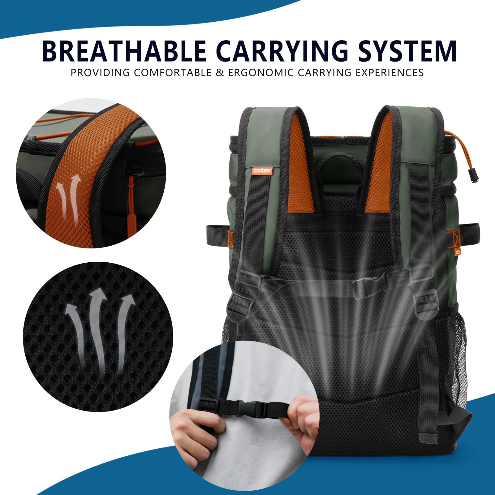 COOLREX Large Backpack Cooler green top compartment shows easy access for snacks