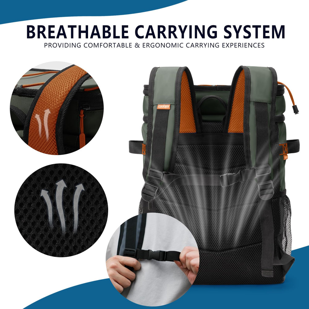 COOLREX Large Backpack Cooler green top compartment shows easy access for snacks