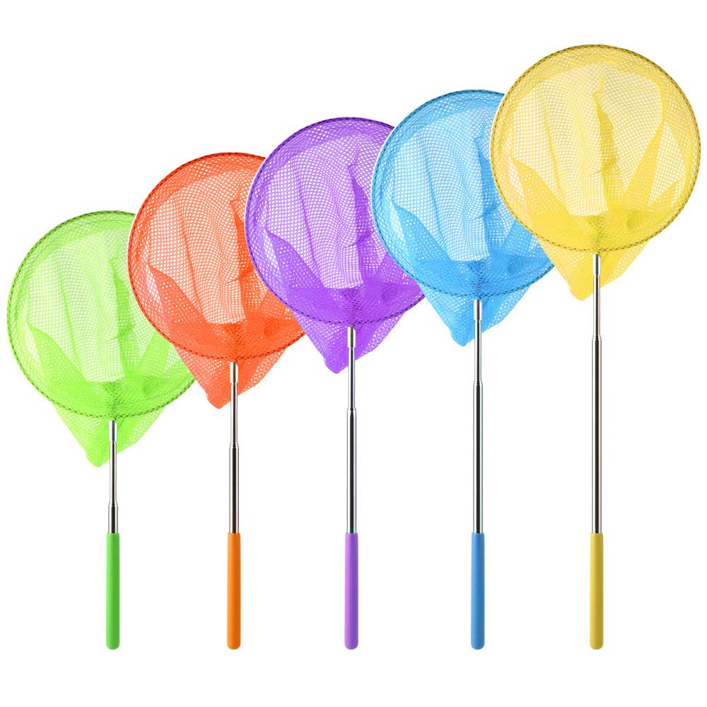 Coopay 5-pack telescopic butterfly nets in blue, purple, orange, green, and yellow colors