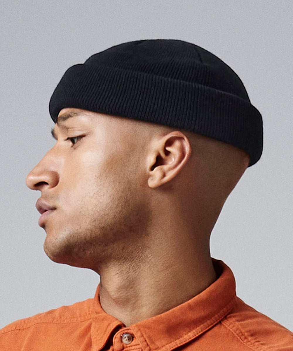 COOZO mini fisherman beanie Oxford Navy, back view with snug fit.