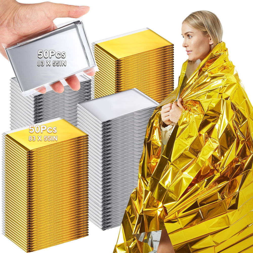 Copkim emergency blankets packaging shows bulk 100-pcs kit for groups and preparedness