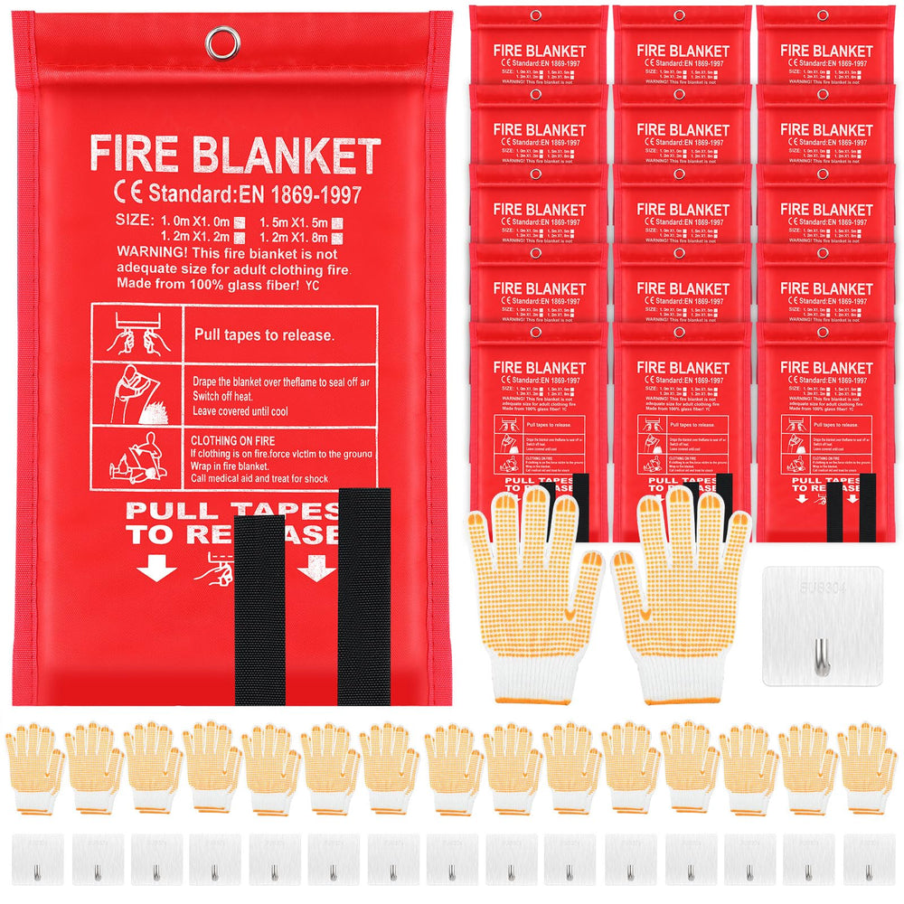 Copkim 15-pack emergency fire blankets with gloves and hooks for quick home safety.