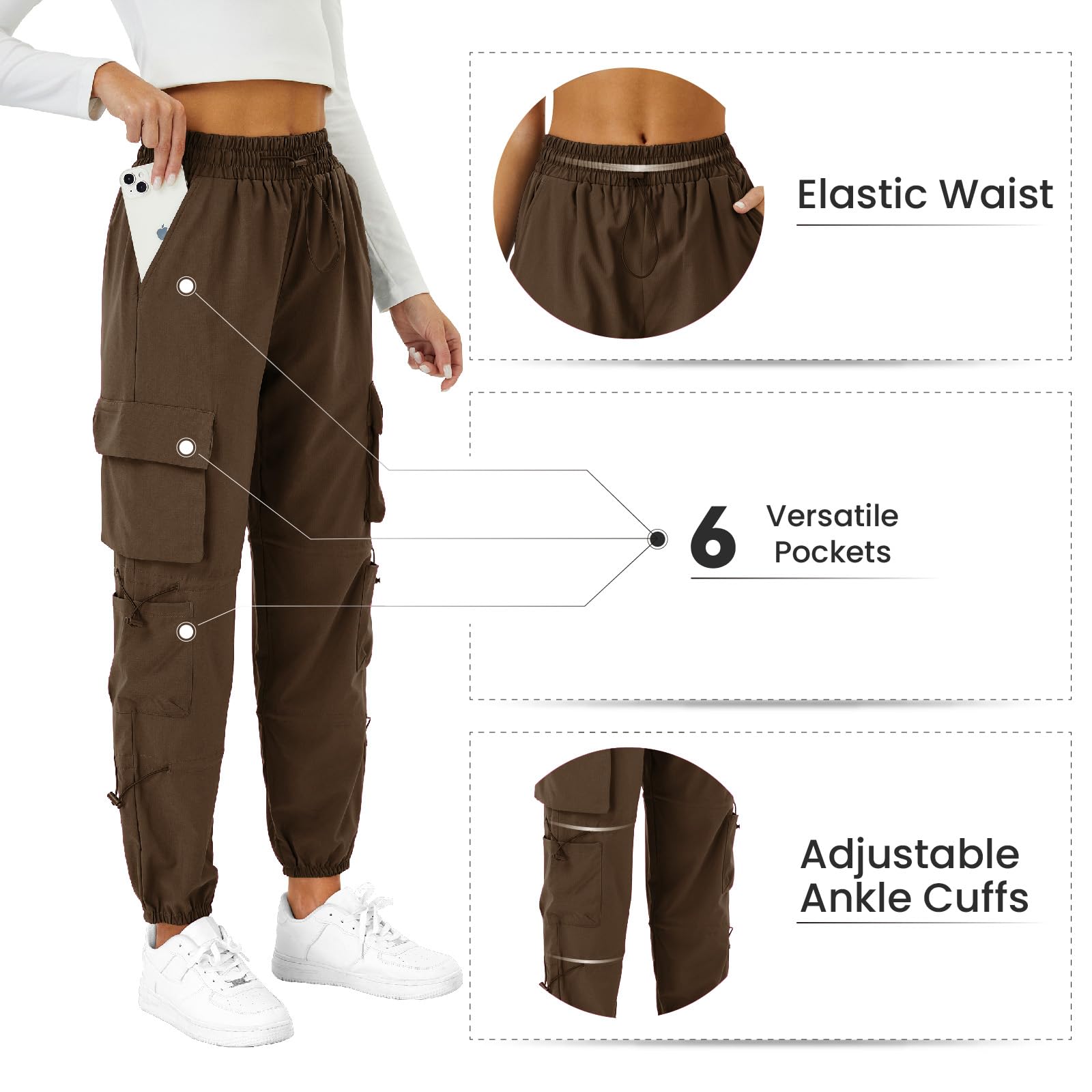 COPYLEAF women's parachute cargo pants brown color design for versatile styling.