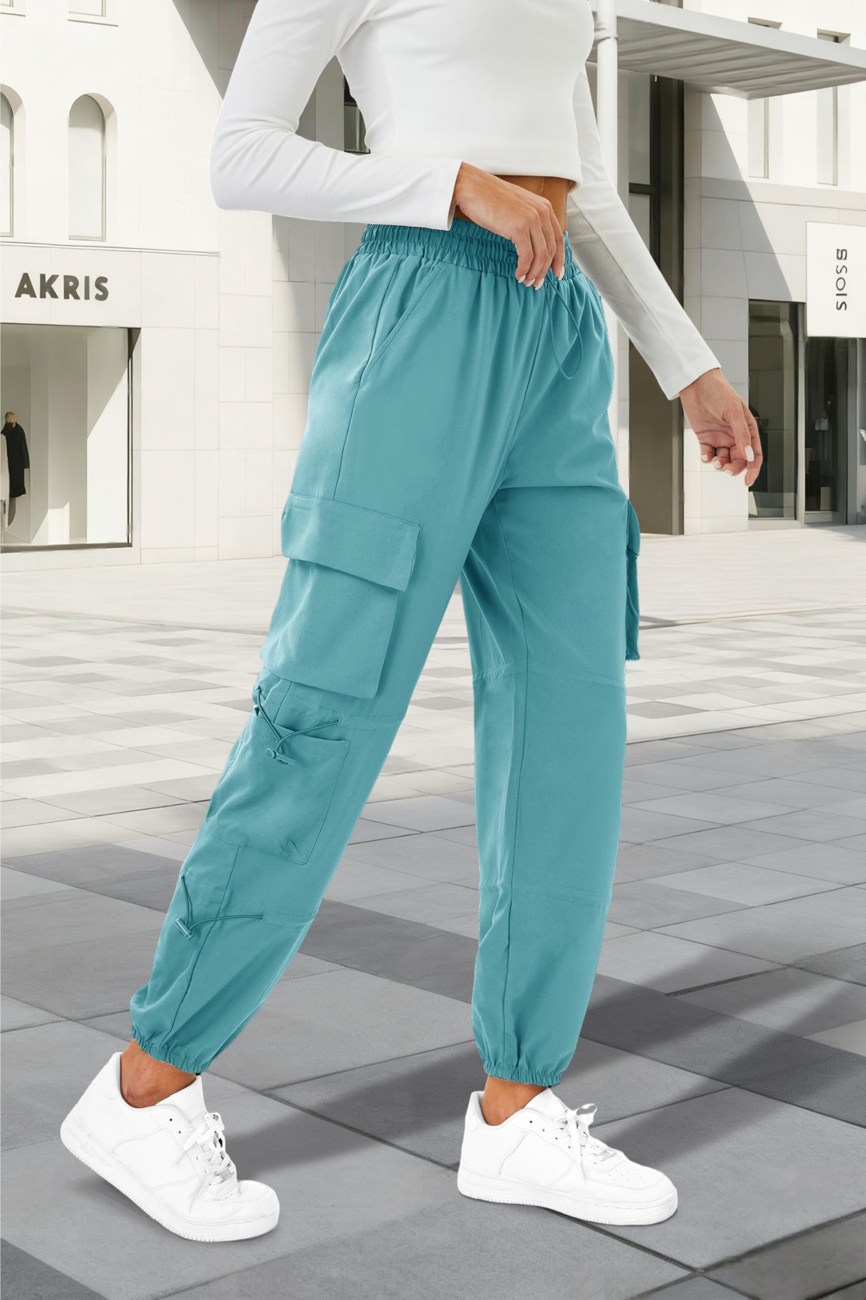 Copyleaf womens parachute cargo pants lake blue side view showcases six secure pockets for essentials