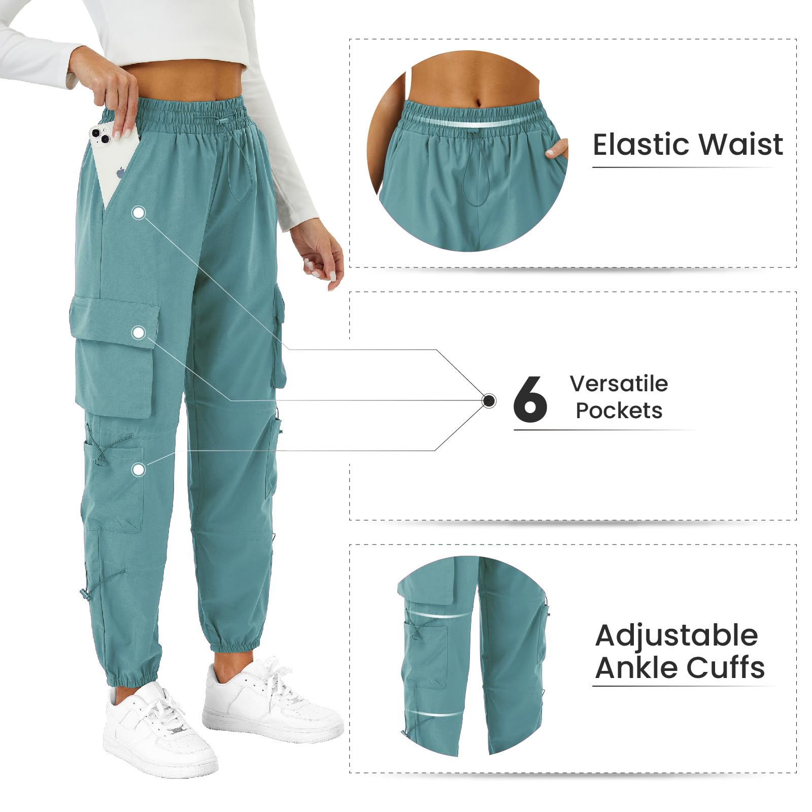 Copyleaf womens parachute cargo pants lake blue water-resistant coating keeps you dry