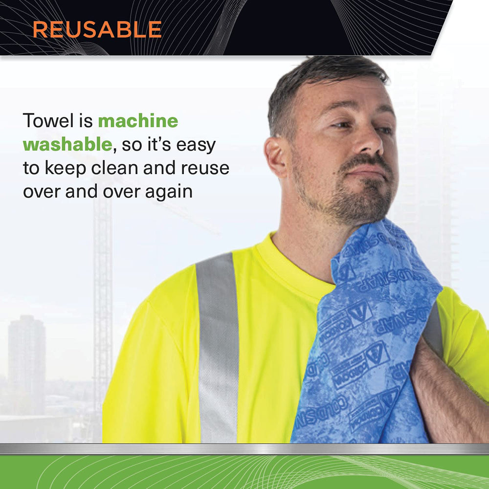 Cooling towel wrapped around neck during outdoor work for relief.