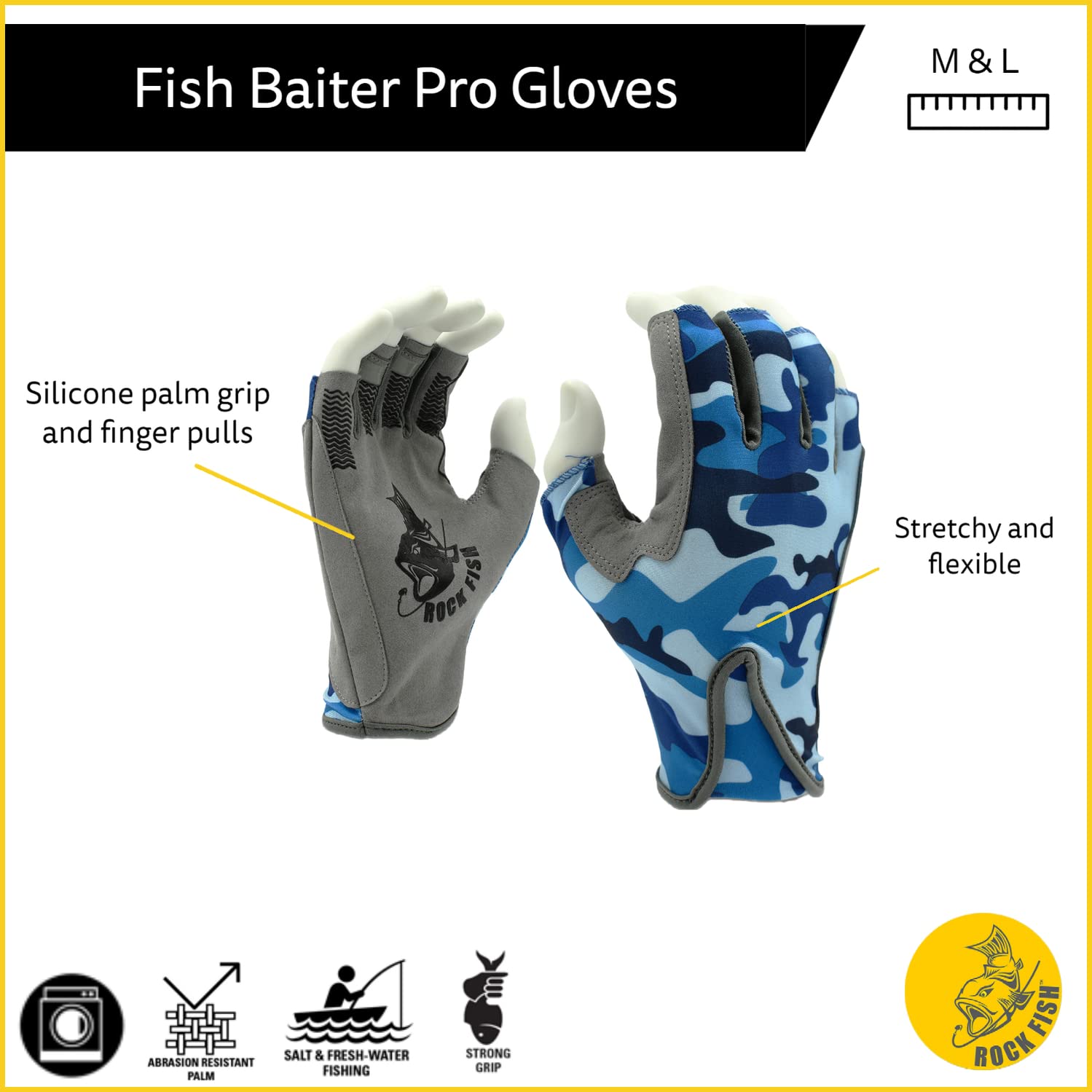 Cordova Rock Fish FP2000B glove shows silicone palm grip for secure baiting.