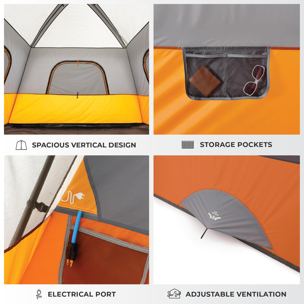 CORE 6-person cabin tent taped rainfly sealed seams for reliable shelter.
