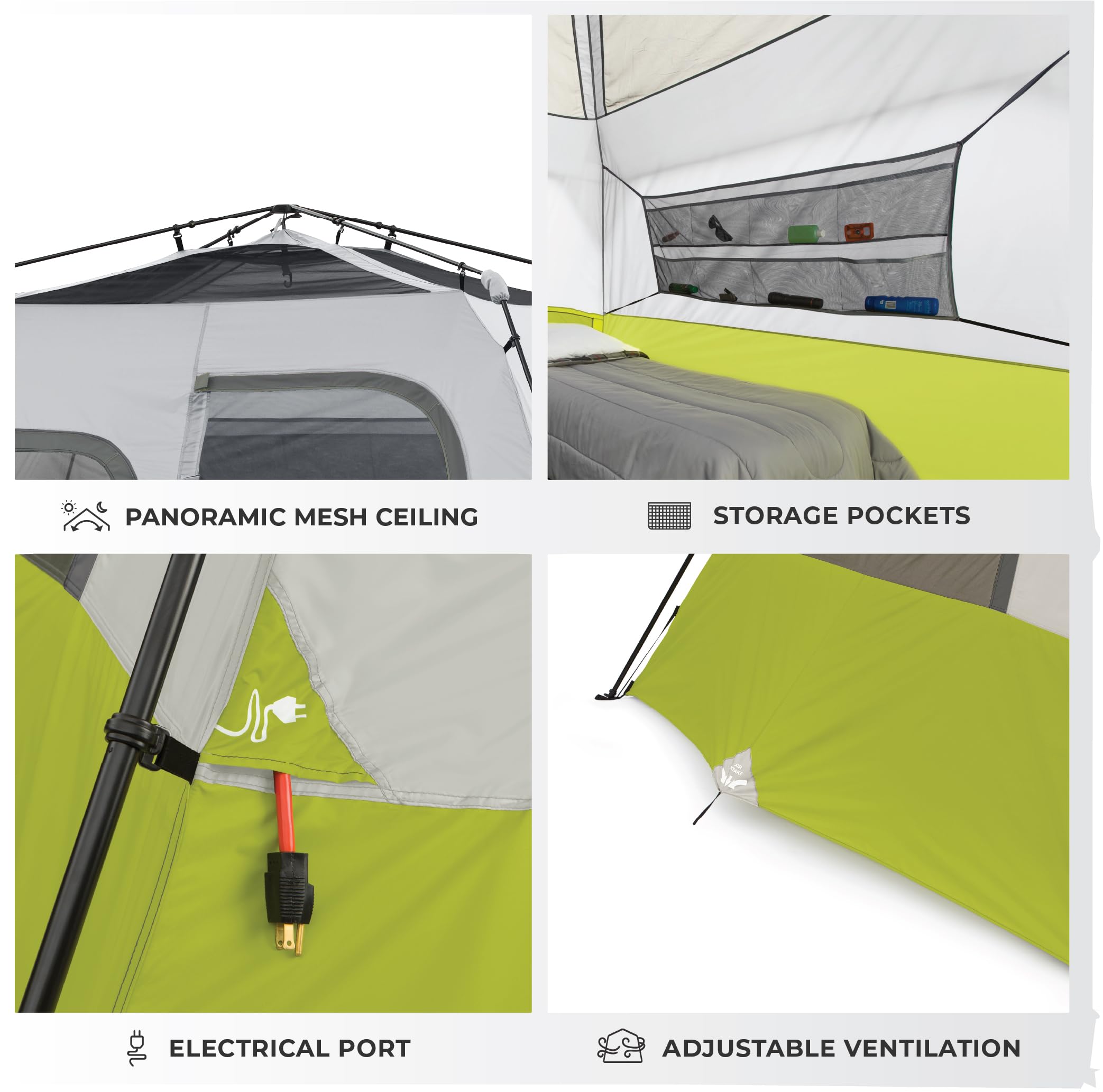 CORE tent mesh ceiling promotes airflow and starry-night visibility