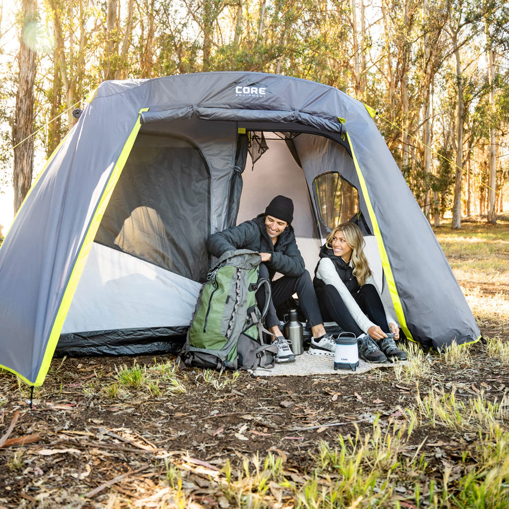 CORE 6-person instant cabin tent rainfly image highlights weather protection with fully taped seams.