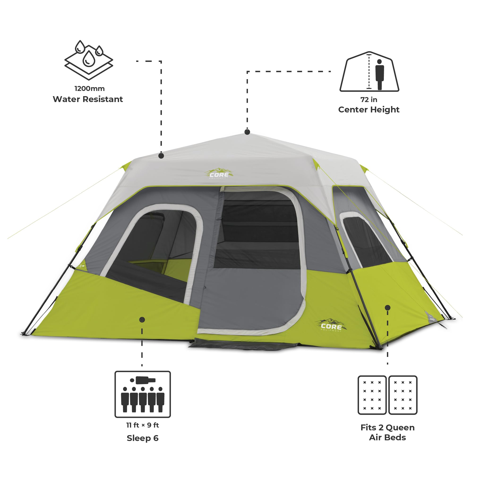 CORE 6-person instant cabin tent stakes and guylines stabilize on uneven ground.