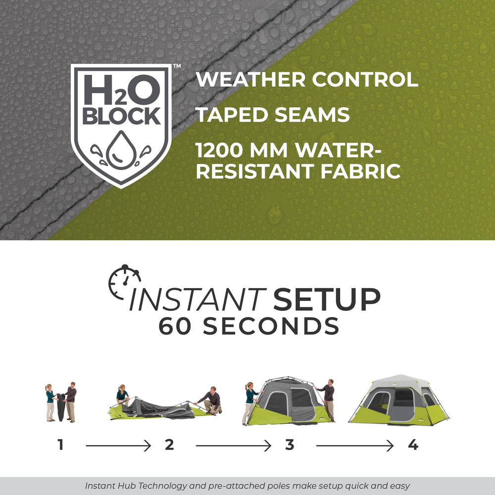 CORE 6-person instant cabin tent ventilation mesh ceiling promotes breathable comfort.