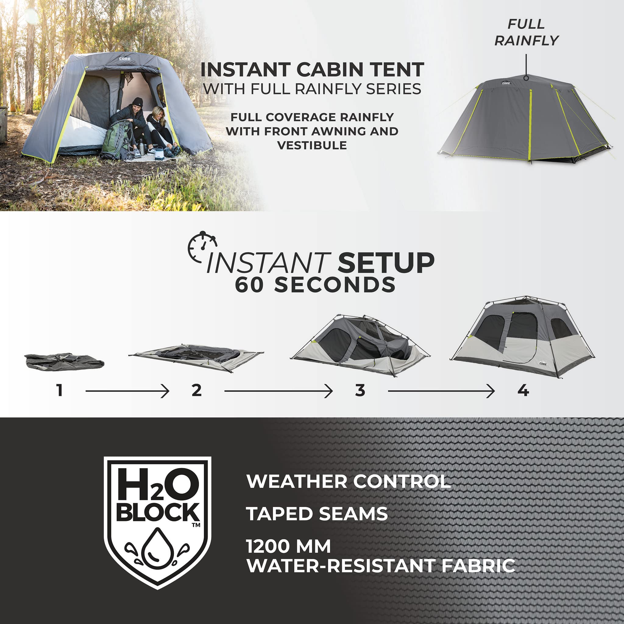 CORE 6-person instant cabin tent vestibule-storage shows extra gear storage outside the tent.