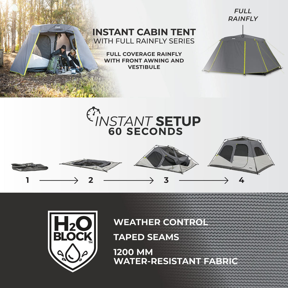 CORE 6-person instant cabin tent vestibule-storage shows extra gear storage outside the tent.