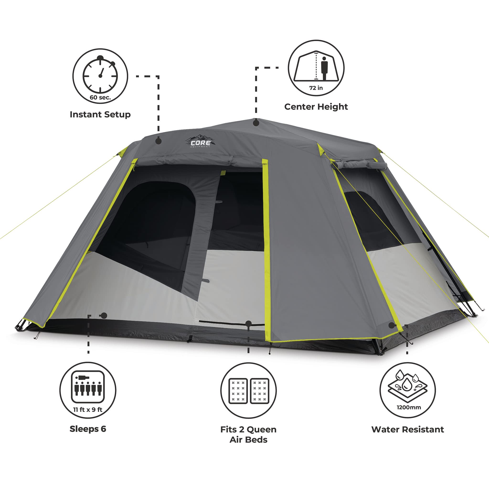 CORE 6-person instant cabin tent weather protection emphasizes rain and wind resistance with sealed windows.