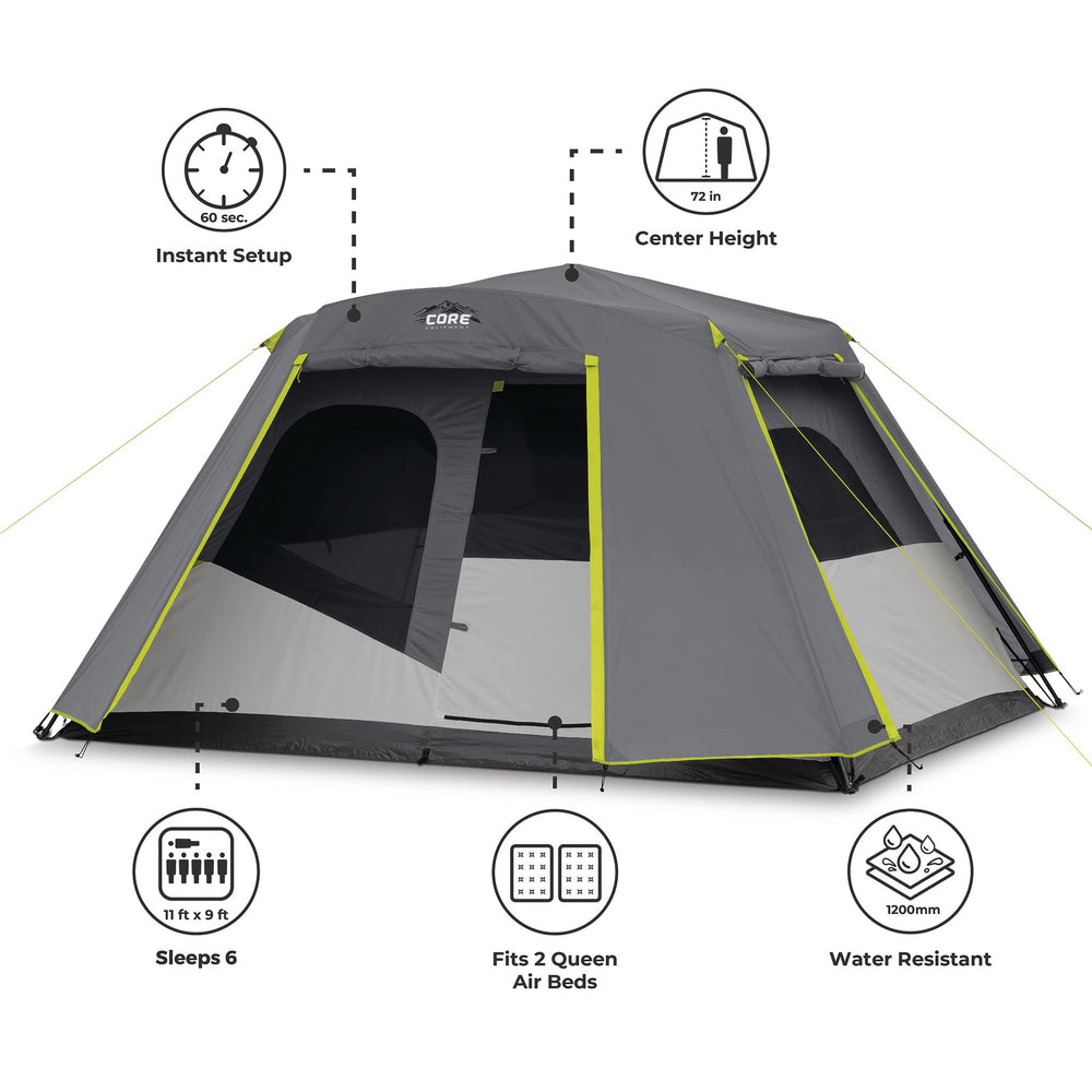 CORE 6-person instant cabin tent weather protection emphasizes rain and wind resistance with sealed windows.