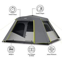 CORE 6-person instant cabin tent weather protection emphasizes rain and wind resistance with sealed windows.