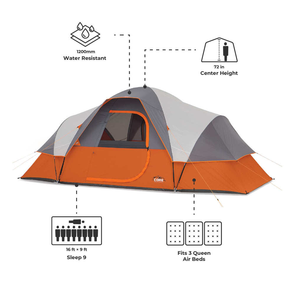 CORE 9 Person Extended Dome Tent center height 72 inches for an open feel.