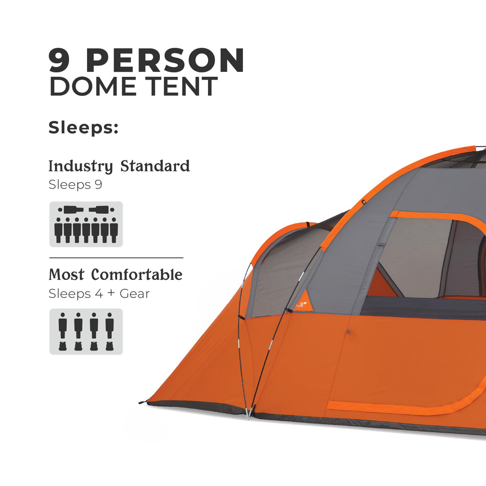 CORE 9 Person Extended Dome Tent front exterior view showing sturdy frame and rain fly.