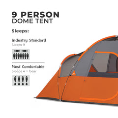 CORE 9 Person Extended Dome Tent front exterior view showing sturdy frame and rain fly.
