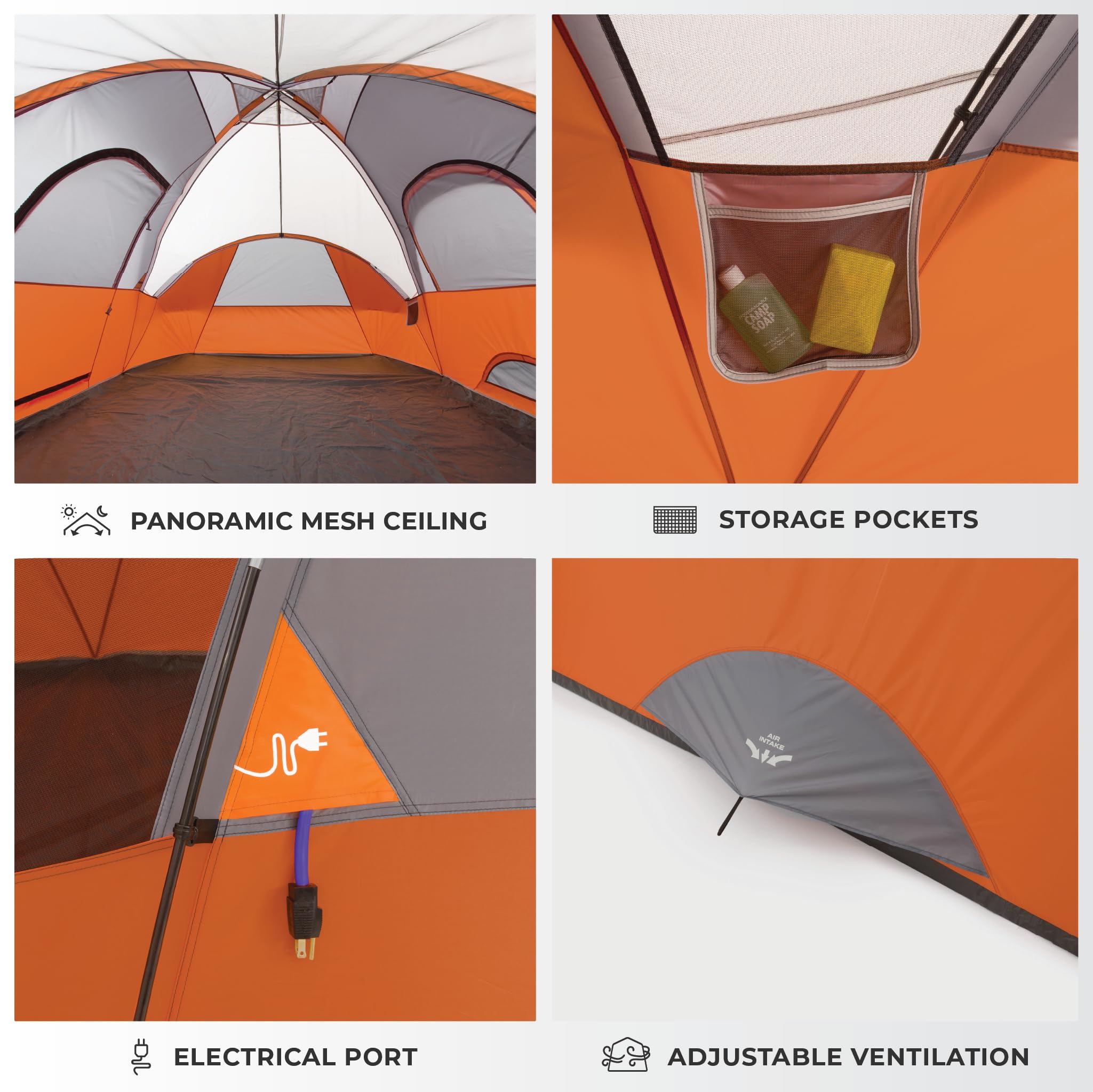 CORE 9 Person Extended Dome Tent gear loft with lantern hook for overhead storage.