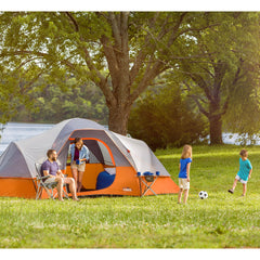 CORE 9 Person Extended Dome Tent sleeping area prepared for three queen air mattresses.