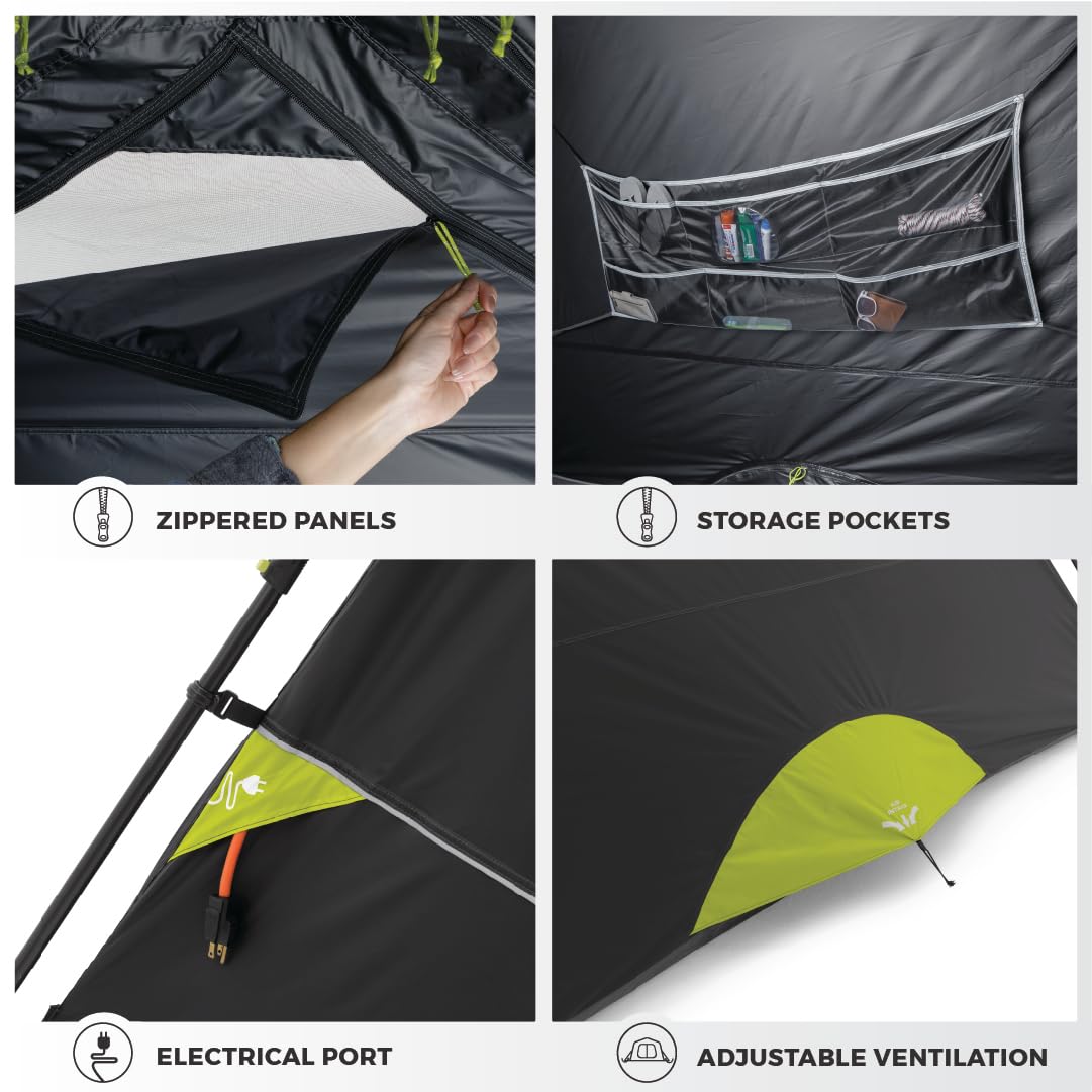 CORE Blackout 6P tent door and windows – fully zipped for privacy and airflow.