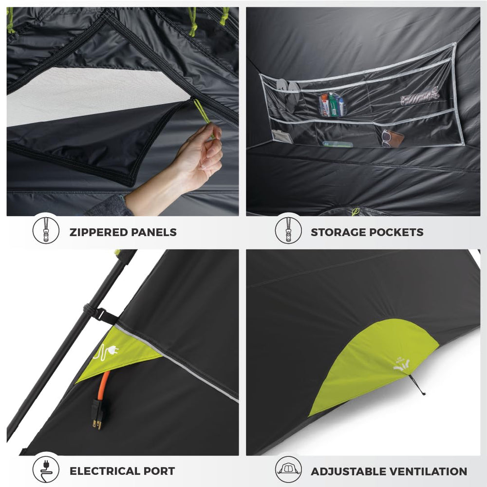 CORE Blackout 6P tent door and windows – fully zipped for privacy and airflow.