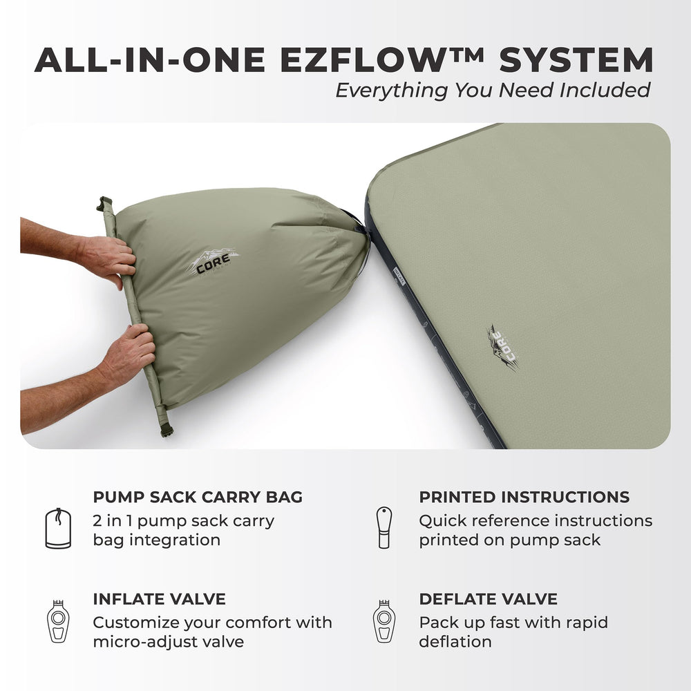 CORE bed deflate valve and carry bag simplify packing after a night.