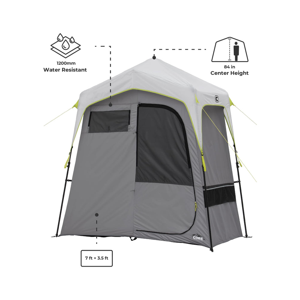 CORE Instant Shower Tent door panel highlights privacy separation for changing and showering.