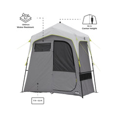 CORE Instant Shower Tent door panel highlights privacy separation for changing and showering.