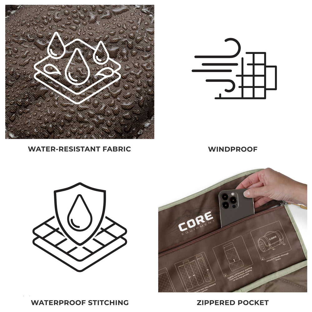 CORE Outdoor Weighted Blanket anchor-strap-roll highlights anchor points that resist shifting on uneven surfaces.