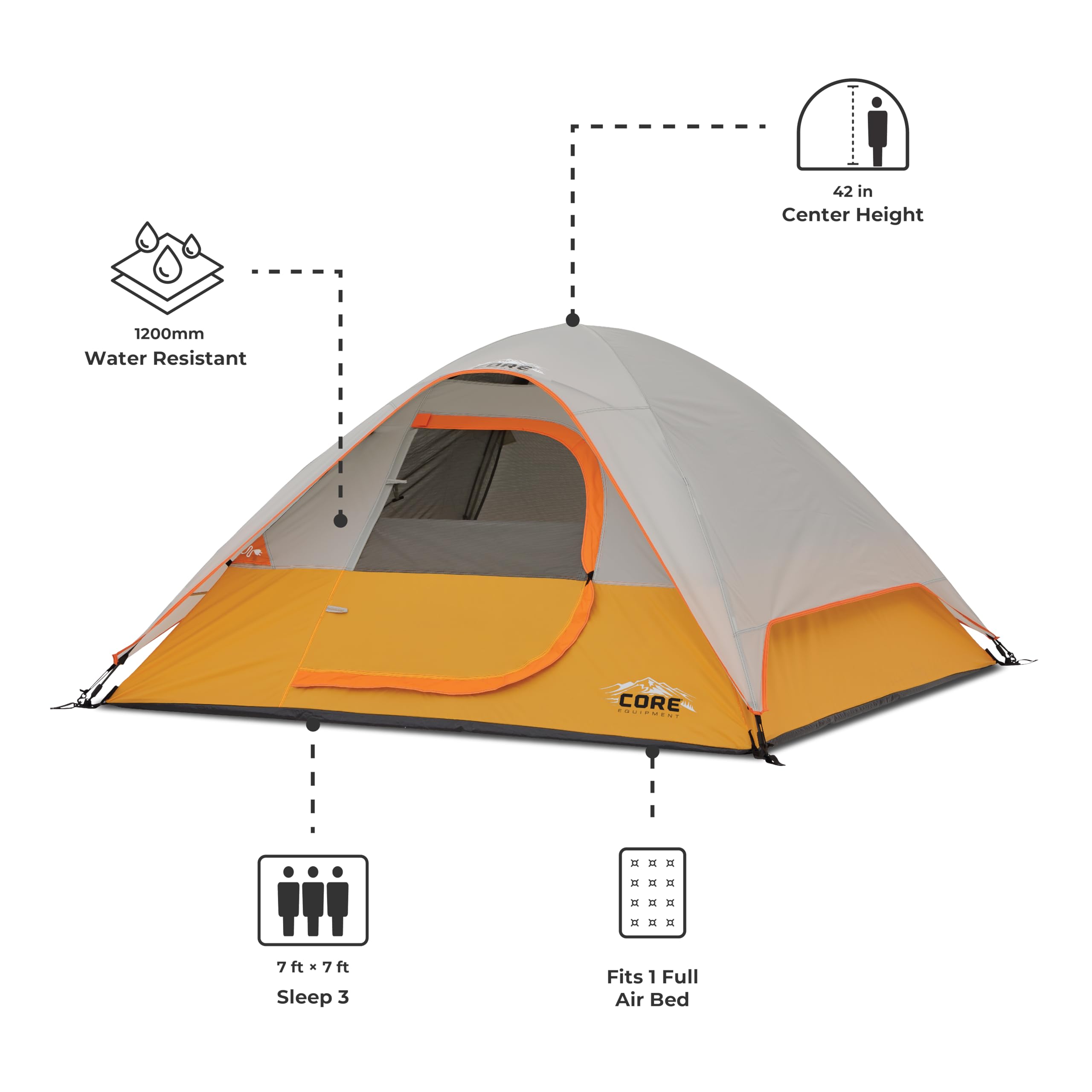 CORE Tent 3 Person mesh ceiling and lower vents promote breathable comfort while sleeping.