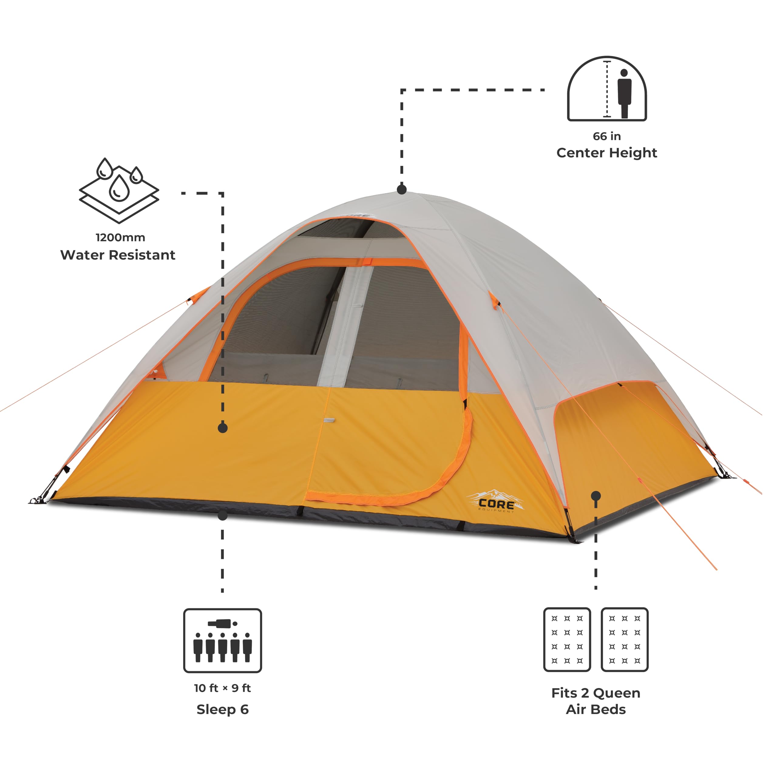 CORE Tent 6 Person rainfly and zipped windows offer reliable rain and wind resistance