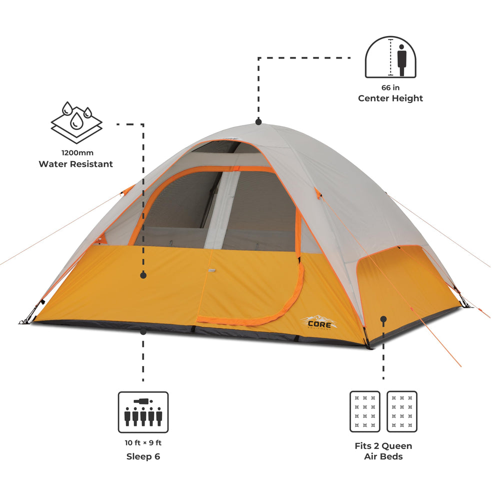 CORE Tent 6 Person rainfly and zipped windows offer reliable rain and wind resistance