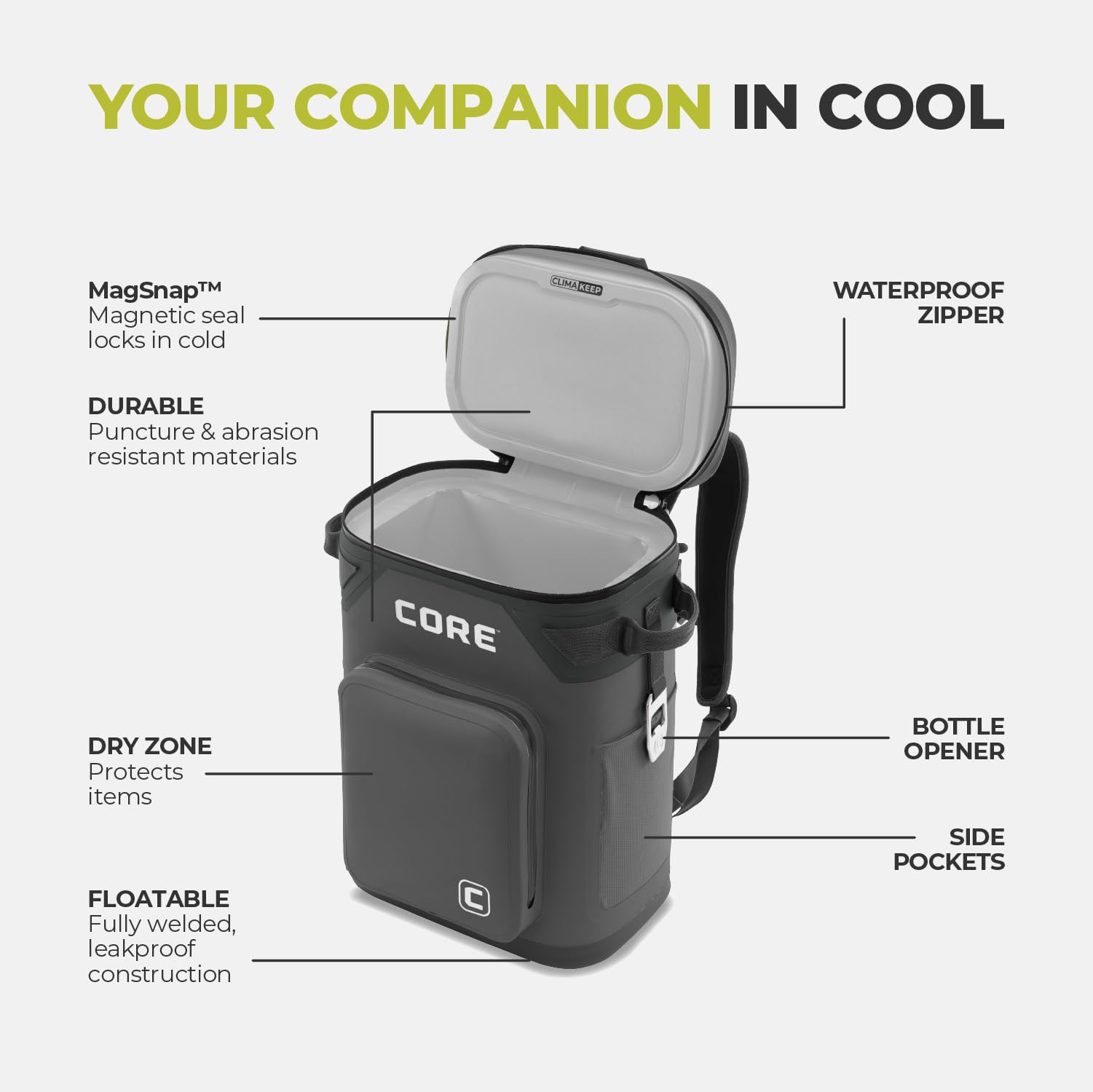CORE true-stretch side pockets enable quick snack access on outdoor trips.