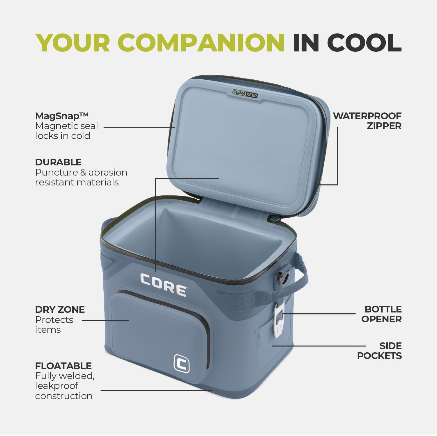 CORE true-stretch side pockets offer quick access to snacks and drinks.