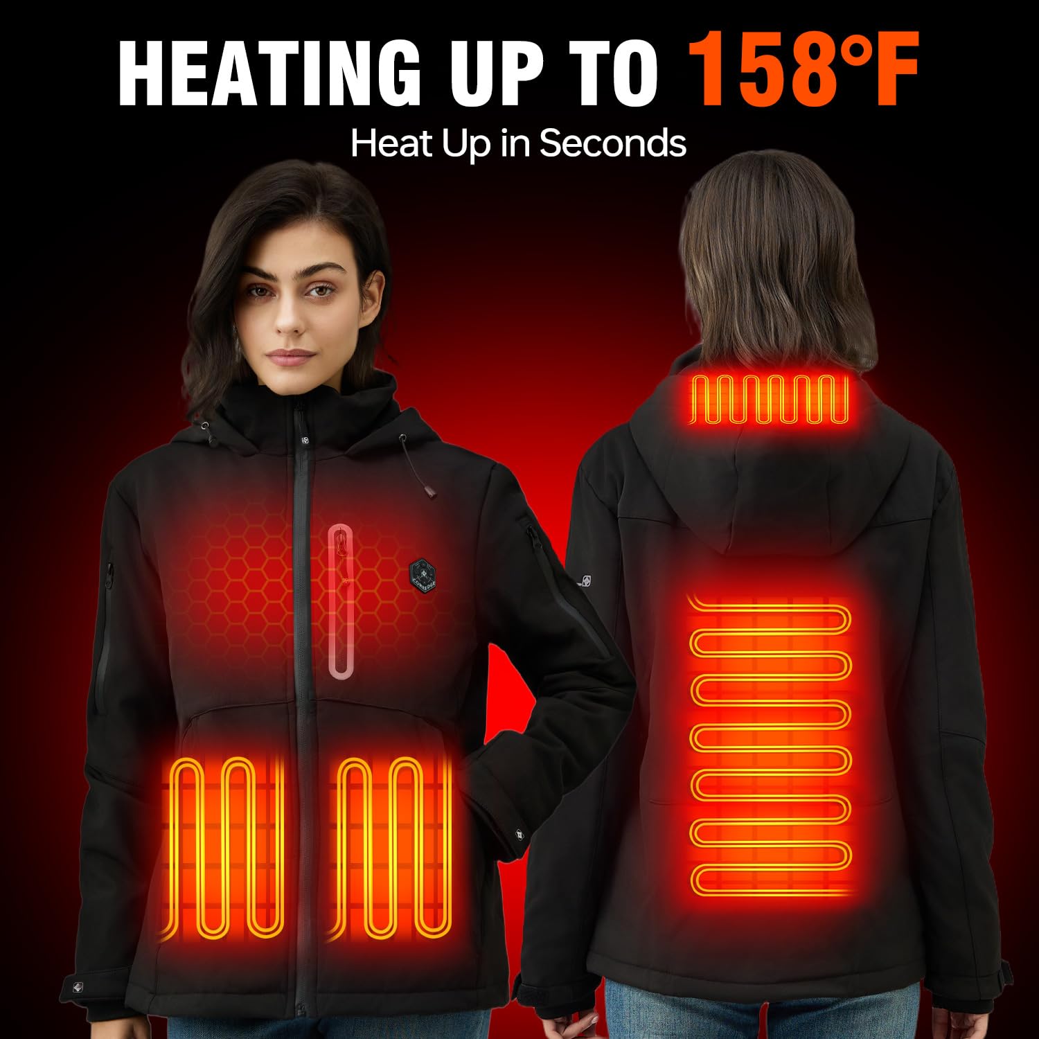 COREEDGE heated jacket heat zones illustration highlighting 30% larger heating area